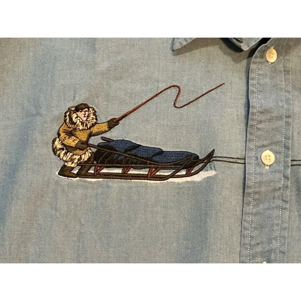 VTG  Banana Republic Safari Travel Clothing Embroidered Dog Sled Cotton Shirt XL